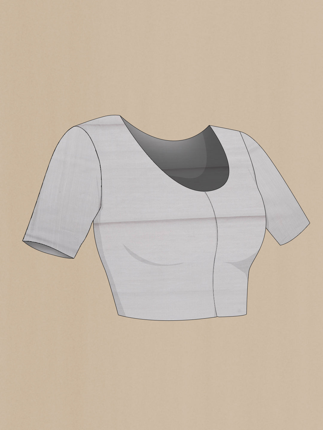 Close up image of the blouse of Grey Tussar Silk Saree with Stripes on the body and Without Border. 