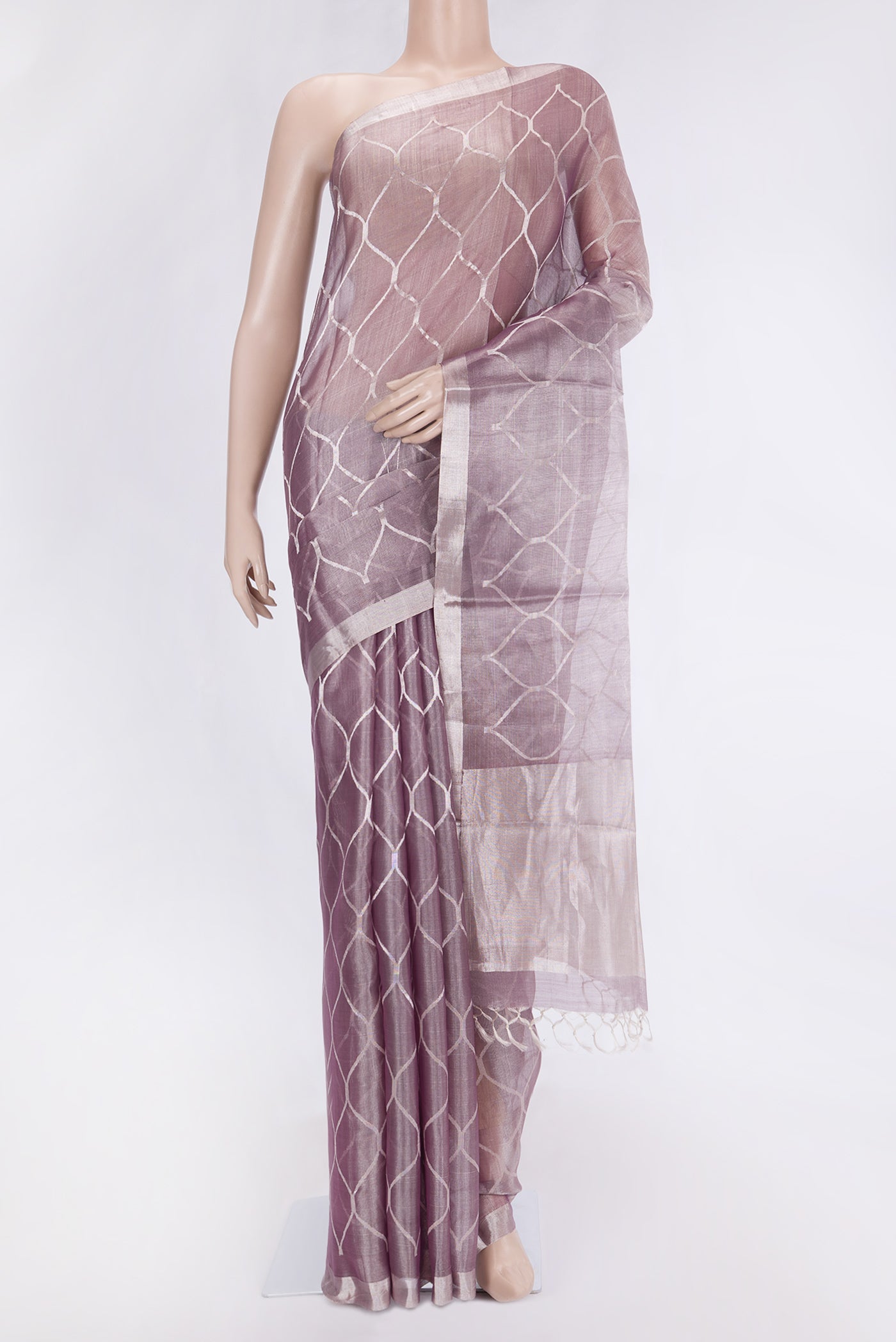 Lavender Dual Tone Organza Silk Saree with Zari Brocade on the body and Zari Border.  displayed on a mannequin