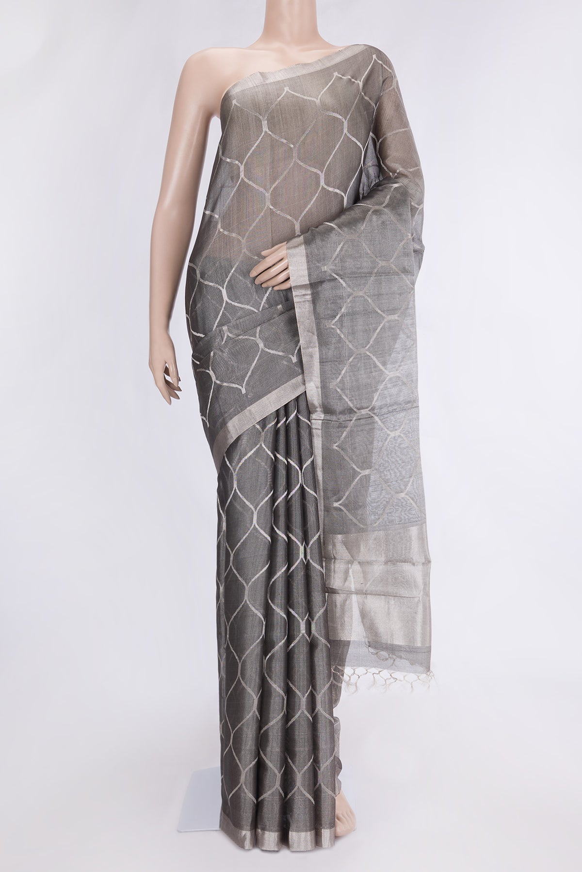 Grey Dual Tone Organza Silk Saree with Zari Brocade on the body and Zari Border.  displayed on a mannequin