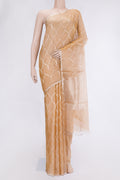 Sandal Dual Tone Organza Silk Saree with Zari Brocade on the body and Zari Border.  displayed on a mannequin