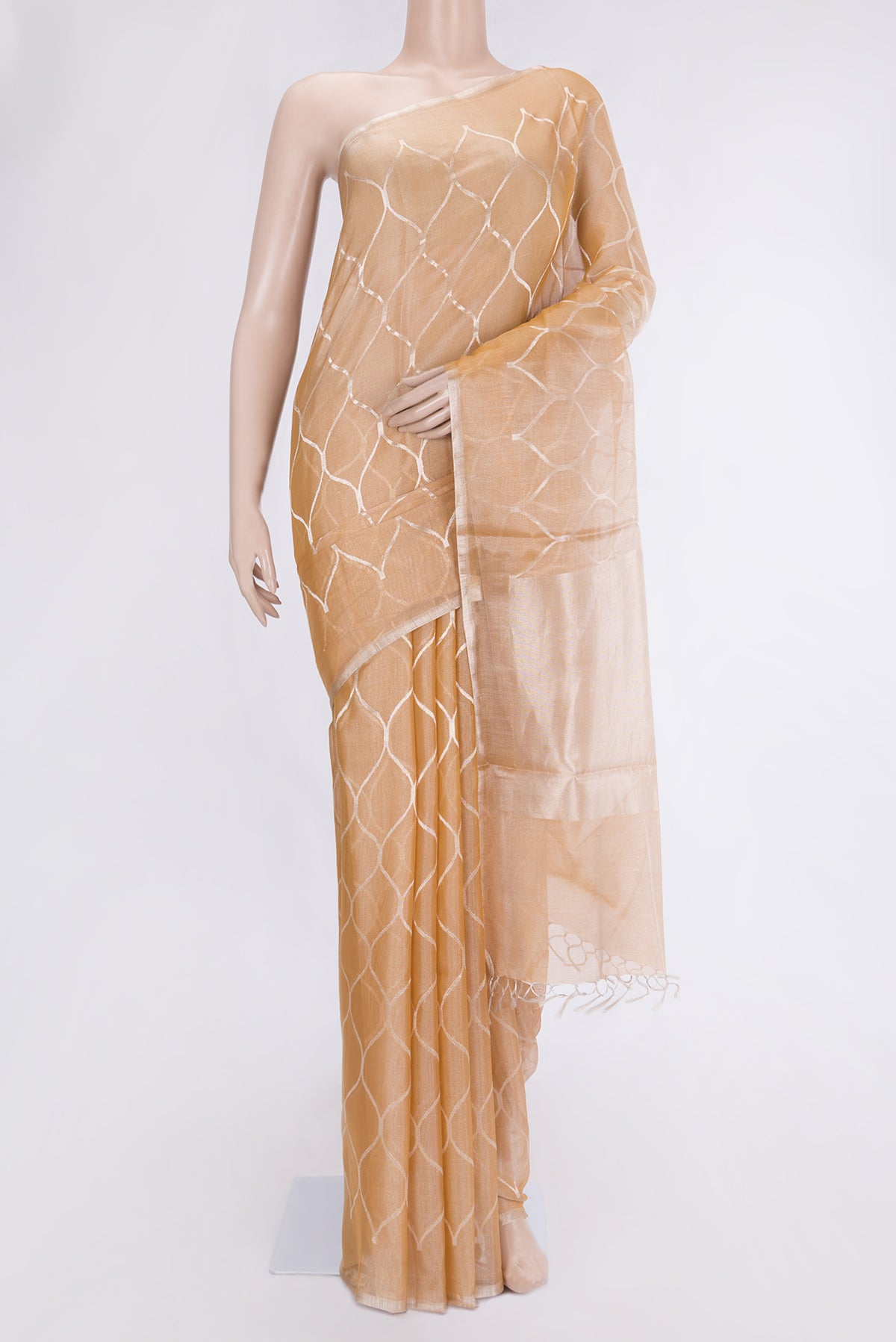 Sandal Dual Tone Organza Silk Saree with Zari Brocade on the body and Zari Border.  displayed on a mannequin