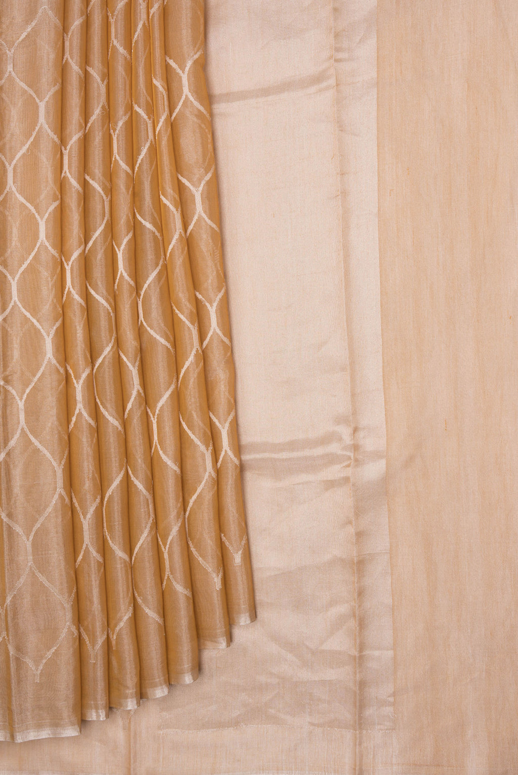 Pleats and pallu of Sandal Dual Tone Organza Silk Saree with Zari Brocade on the body and Zari Border. 