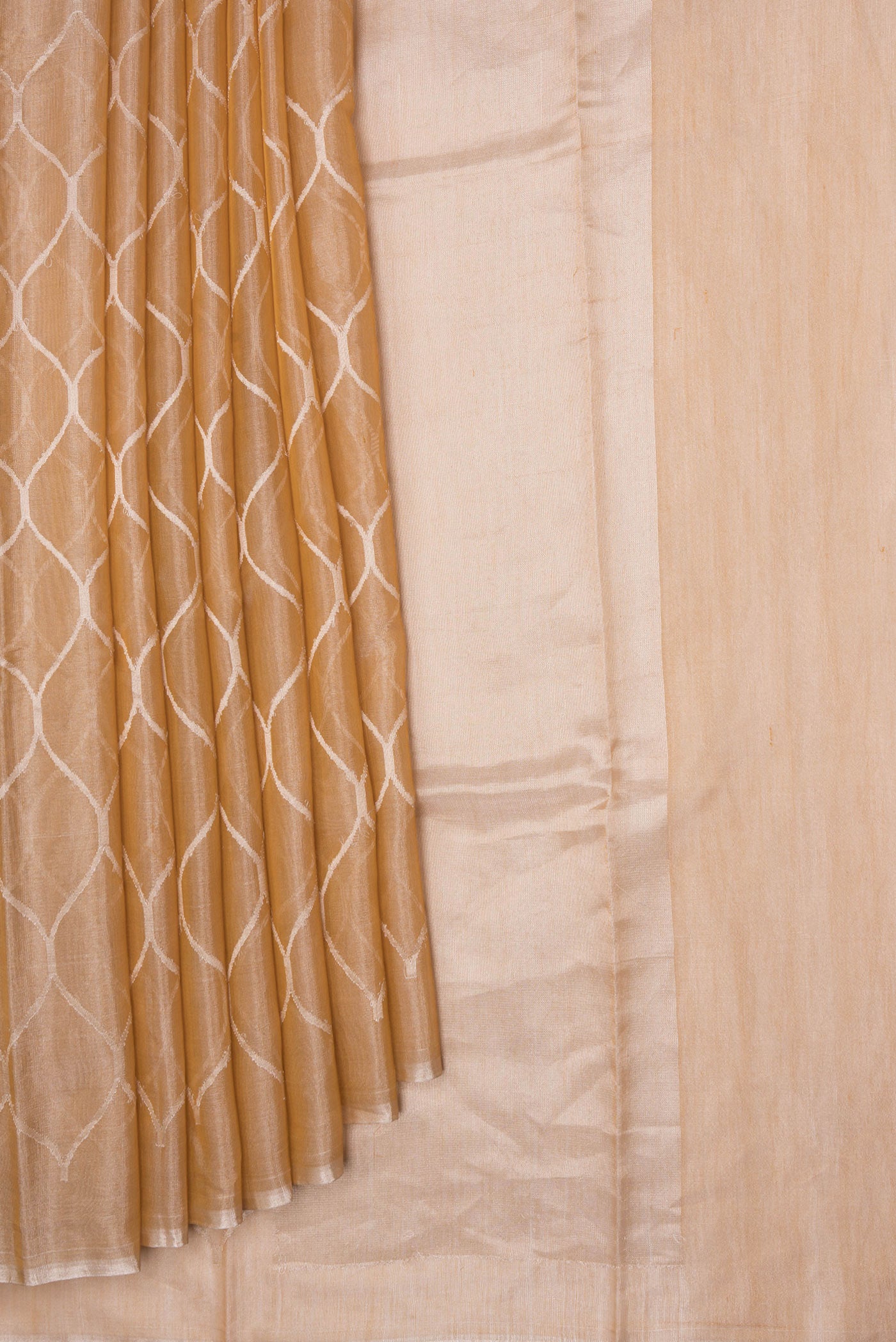 Pleats and pallu of Sandal Dual Tone Organza Silk Saree with Zari Brocade on the body and Zari Border. 