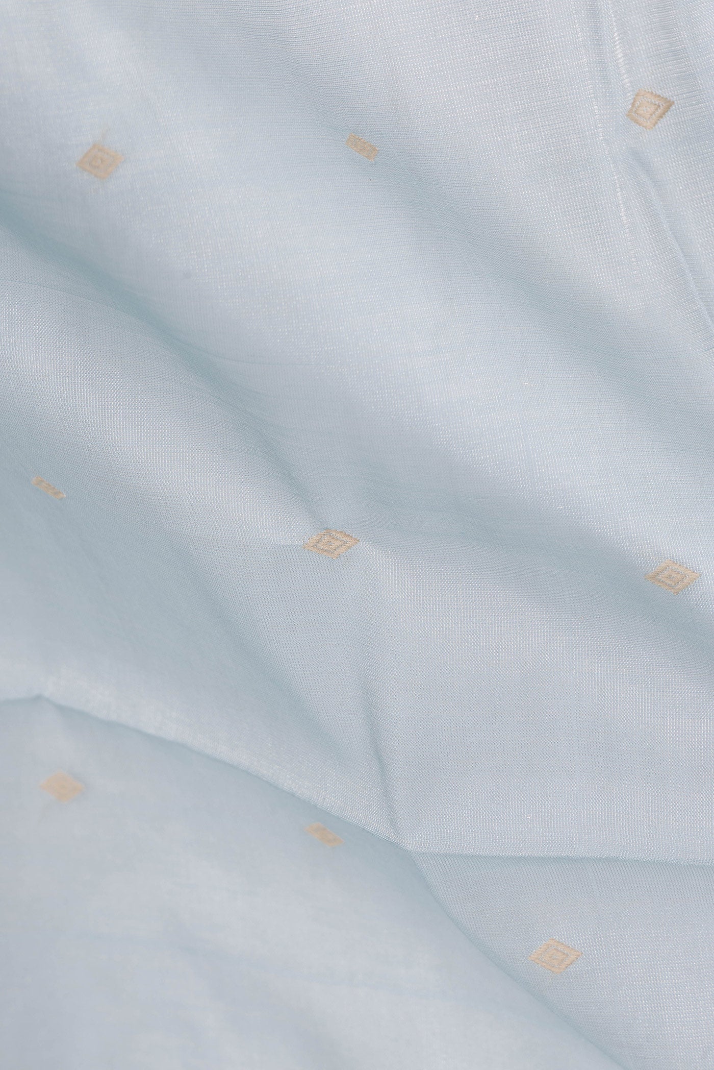 Close up of Light Blue Dual Tone Chanderi Tissue Silk Saree with Thread Butta on the body and Plain Border.  displaying folds