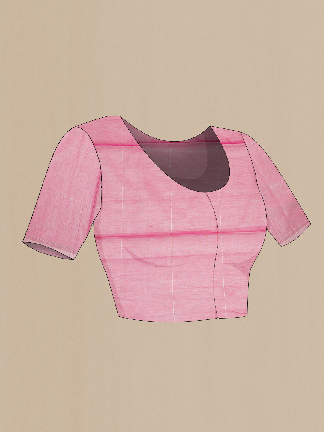 Close up image of the blouse of Pink Tussar Saree with Checked design on the body and Zari Border. 