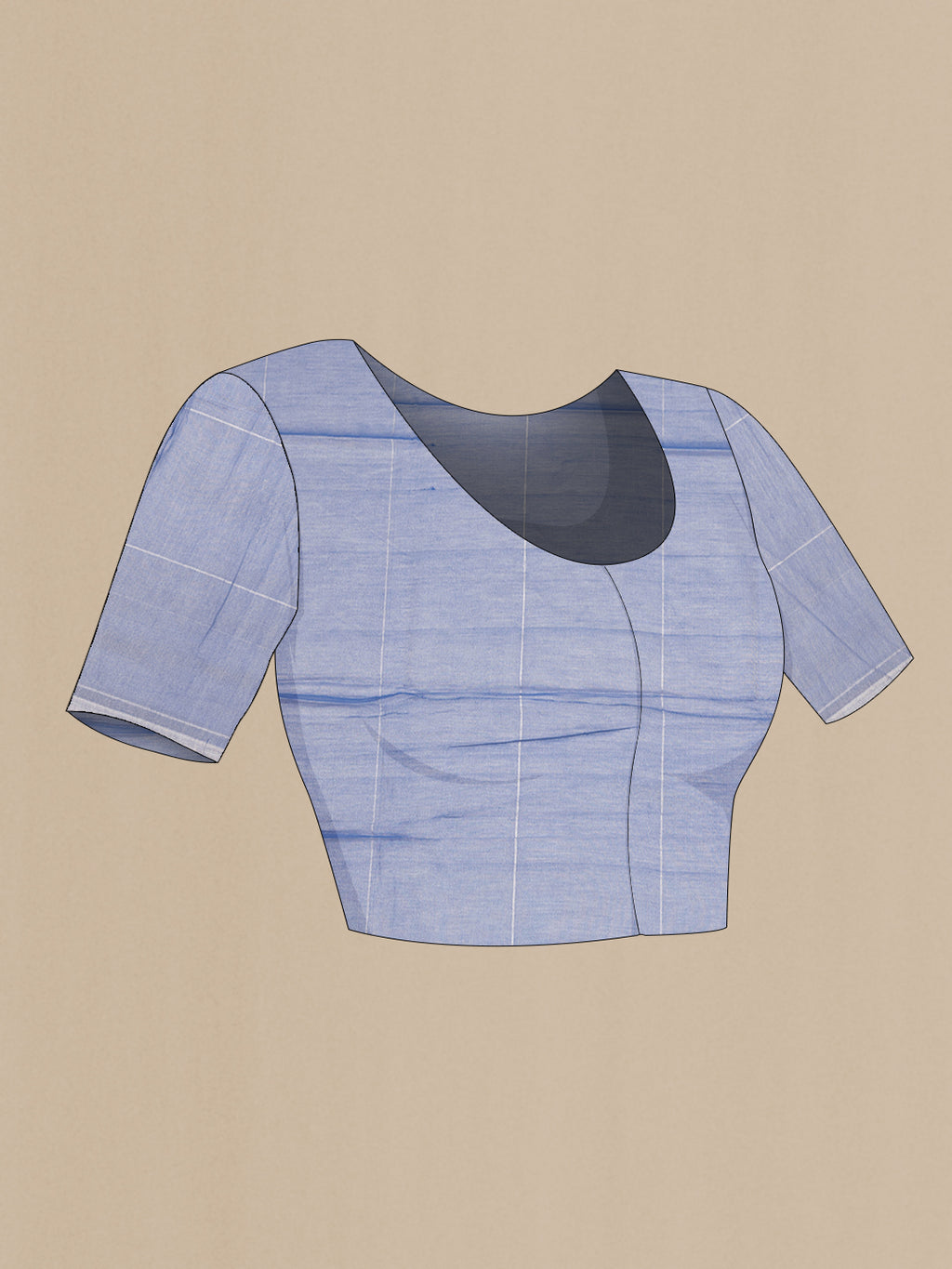Close up image of the blouse of Maya Blue Tussar Saree with Checked design on the body and Zari Border. 