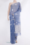 Maya Blue Tussar Saree with Checked design on the body and Zari Border.  displayed on a mannequin
