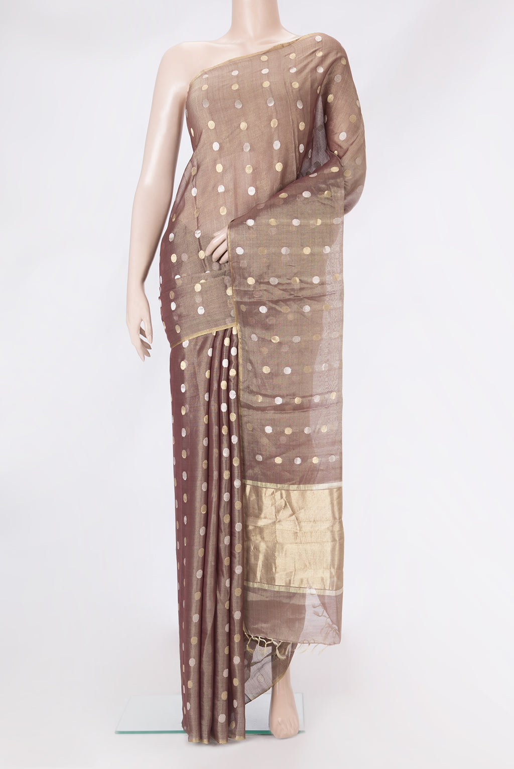 Brown Dual Tone Tussar Silk Saree with Zari Butta on the body and Thin Zari Line.  displayed on a mannequin