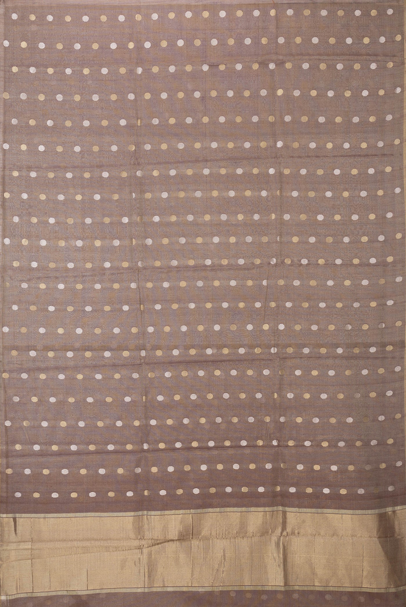 Flat view of Brown Dual Tone Tussar Silk Saree with Zari Butta on the body and Thin Zari Line. 