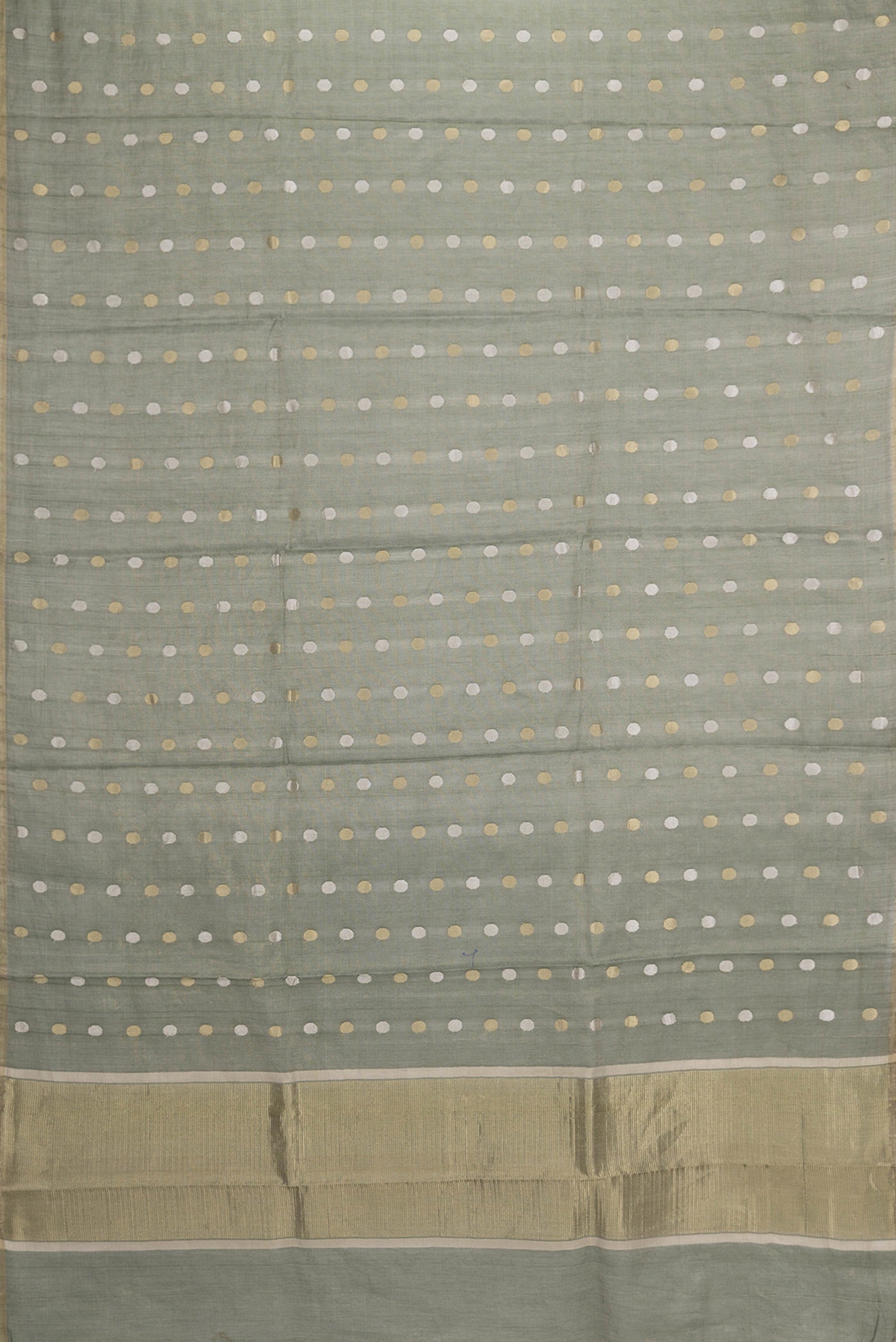 Flat view of Bottle Green Dual Tone Chanderi Silk Saree with Zari Butta on the body and Thin Zari Line. 