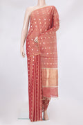 Coral Tussar Silk Saree with Zari Butta on the body and Zari Border.  displayed on a mannequin