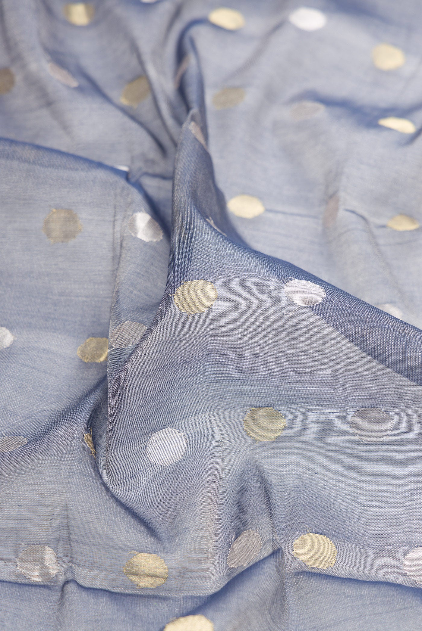 Close up of Grey Dual Tone Chanderi Tissue Silk Saree with Zari Butta on the body and Zari Border.  displaying folds