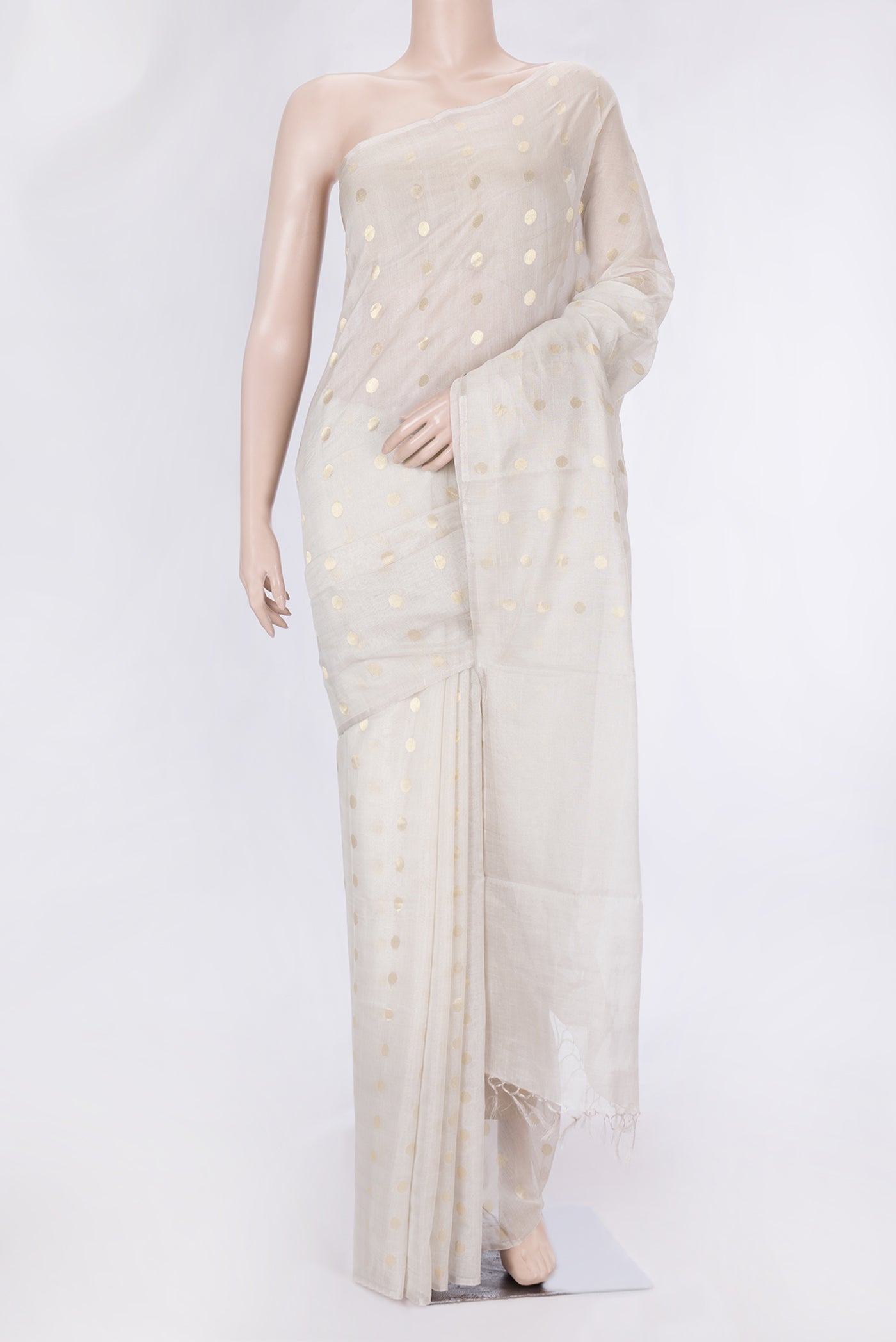 Beige Dual Tone Chanderi Silk Saree with Zari Butta on the body and Thin Zari Line.  displayed on a mannequin