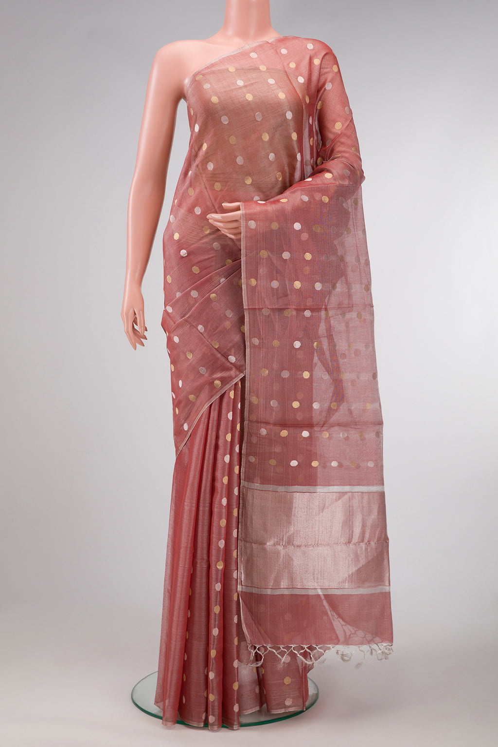 Red Dual Tone Chanderi Tissue Silk Saree with Zari Butta on the body and Zari Border.  displayed on a mannequin