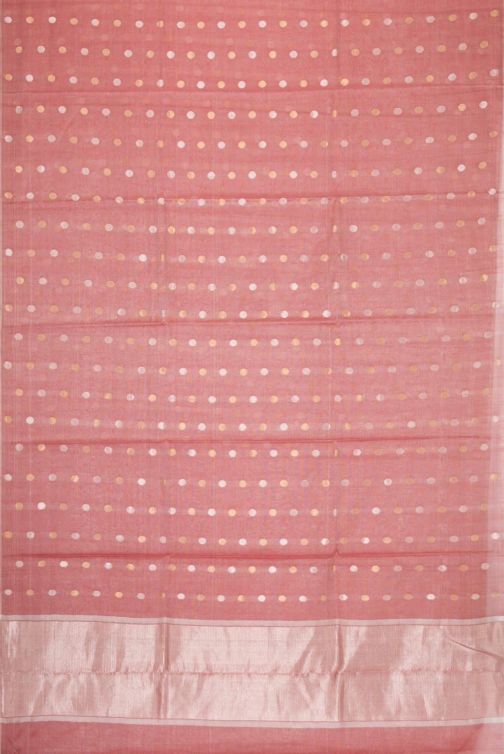 Flat view of Red Dual Tone Chanderi Tissue Silk Saree with Zari Butta on the body and Zari Border. 