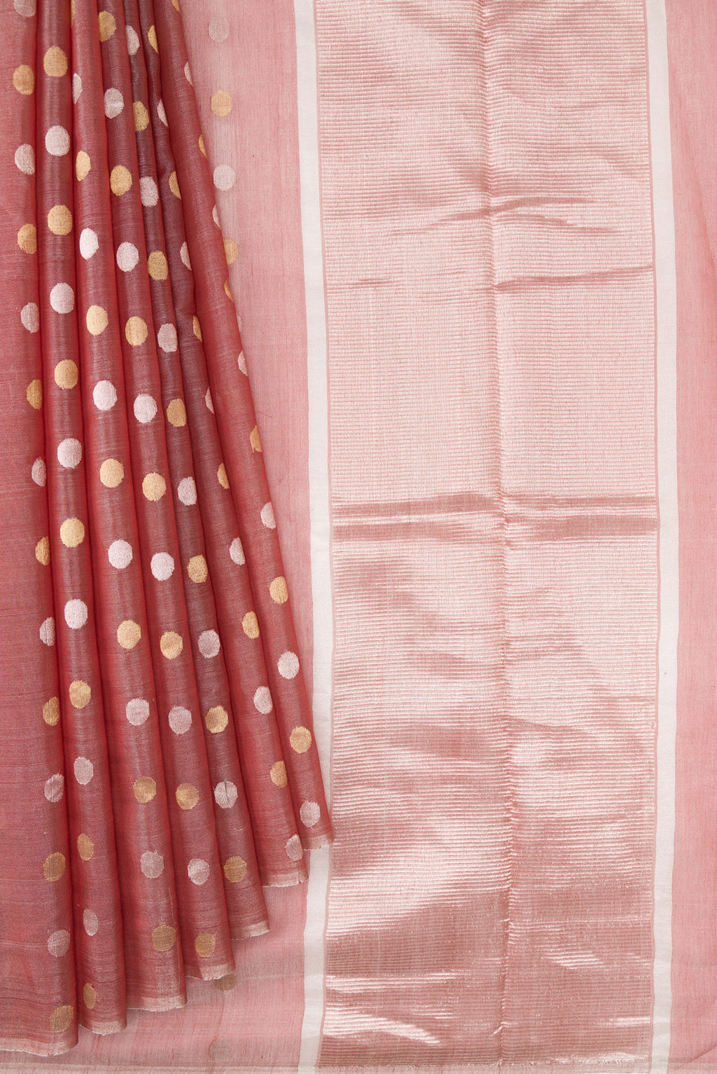 Pleats and pallu of Red Dual Tone Chanderi Tissue Silk Saree with Zari Butta on the body and Zari Border. 