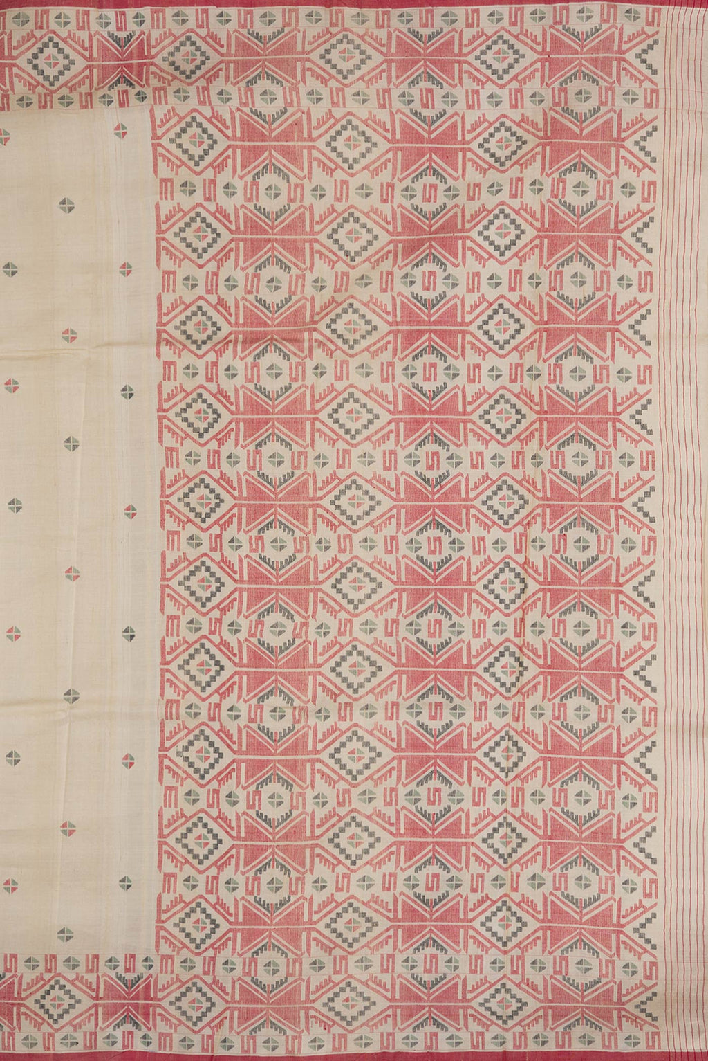 Close up image of the pallu of Beige Dual Tone Tussar Silk Saree with Thread Butta on the body and Thread Border. 