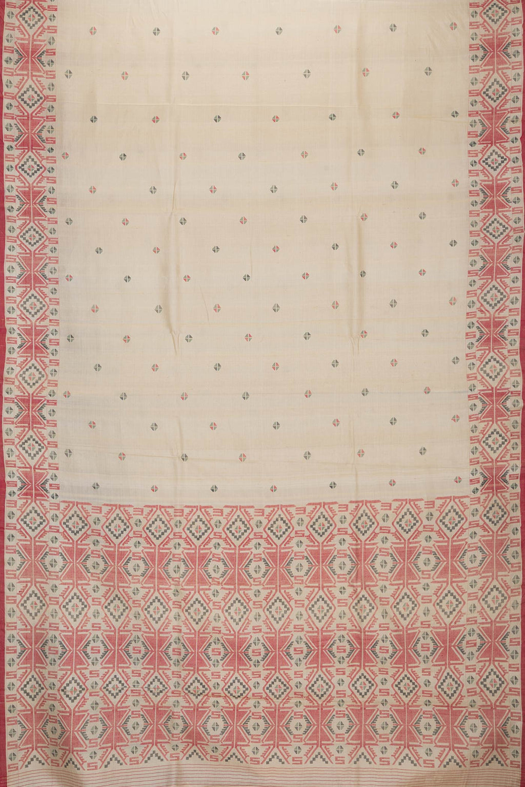 Flat view of Beige Dual Tone Tussar Silk Saree with Thread Butta on the body and Thread Border. 
