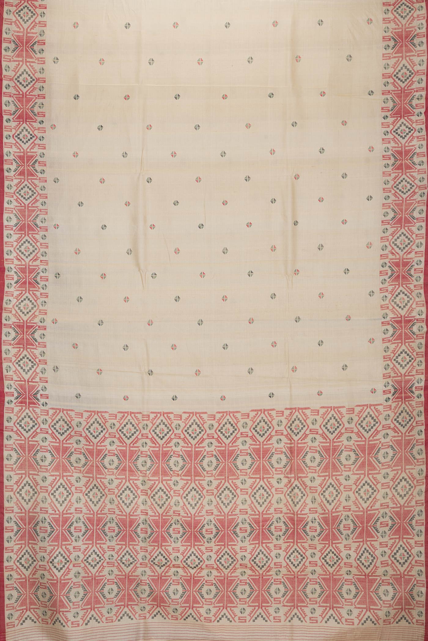 Flat view of Beige Dual Tone Tussar Silk Saree with Thread Butta on the body and Thread Border. 