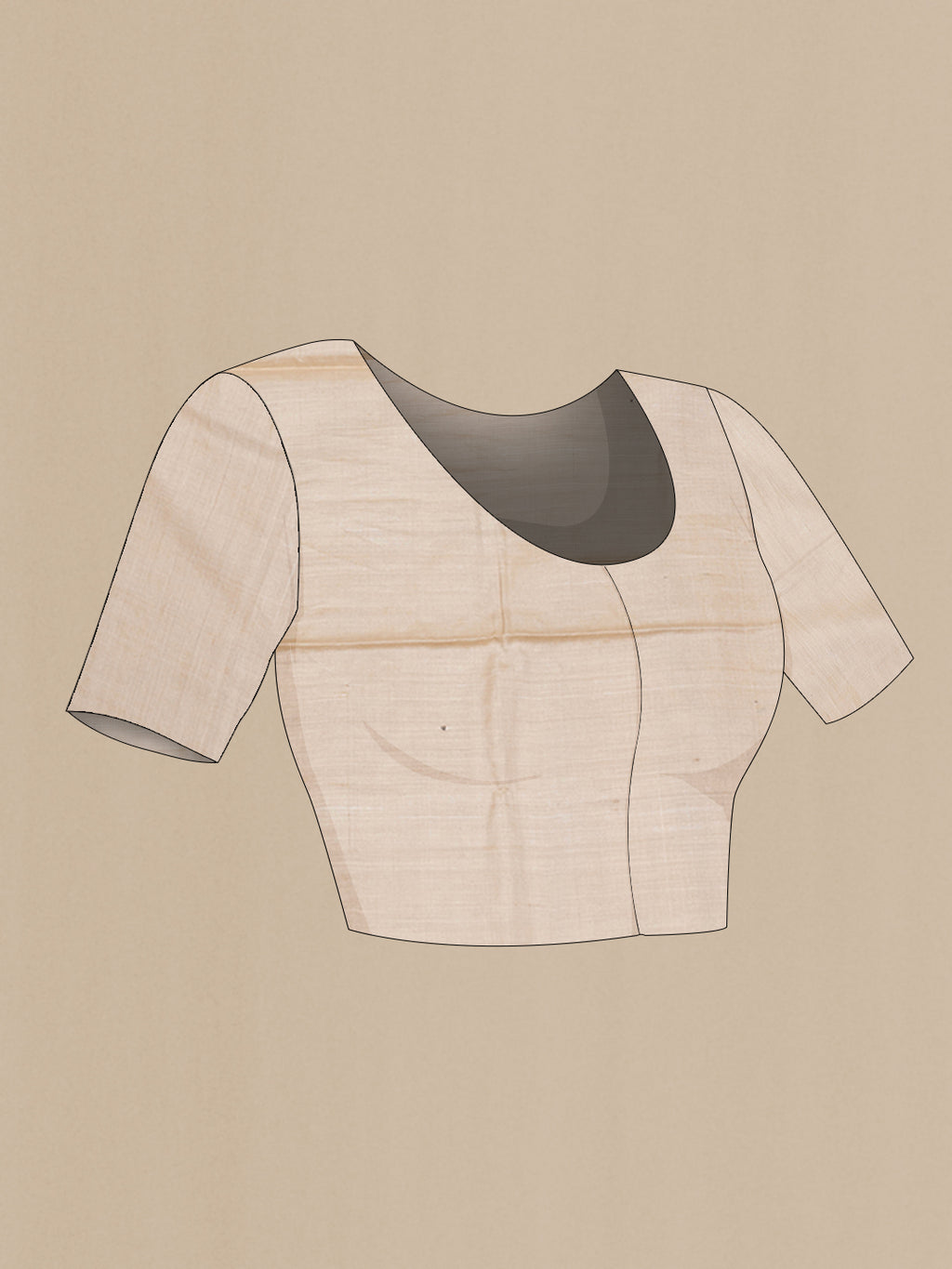 Close up image of the blouse of Beige Dual Tone Tussar Silk Saree with Thread Butta on the body and Thread Border. 