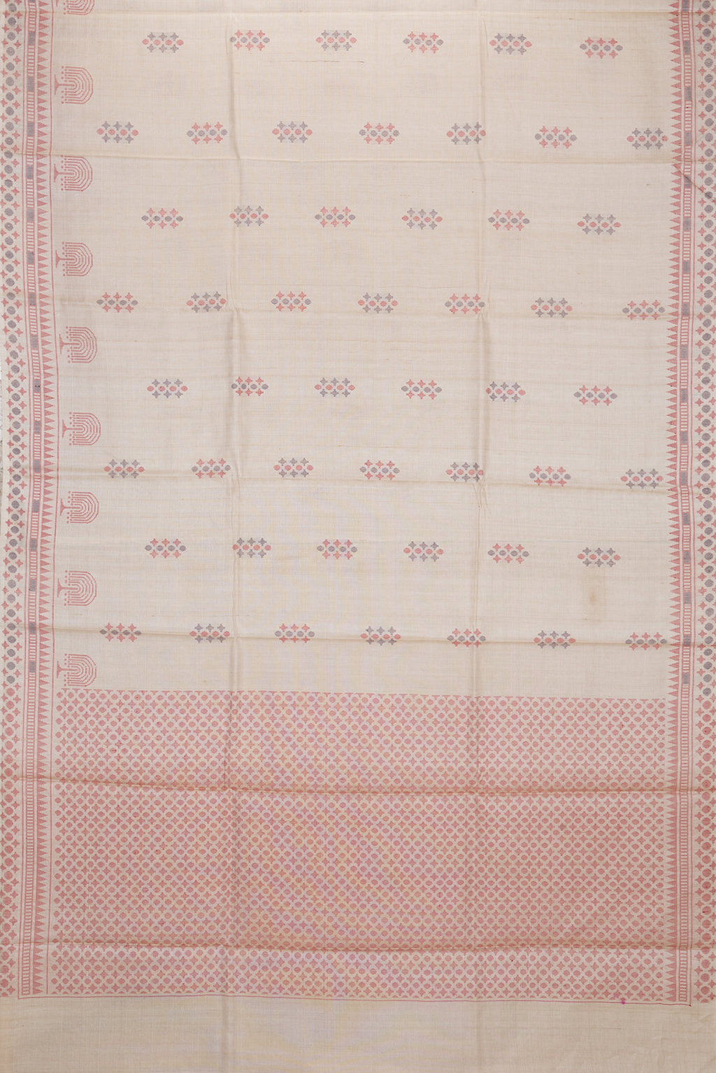 Flat view of Beige Dual Tone Tussar Silk Saree with Thread Butta on the body and Thread Border. 