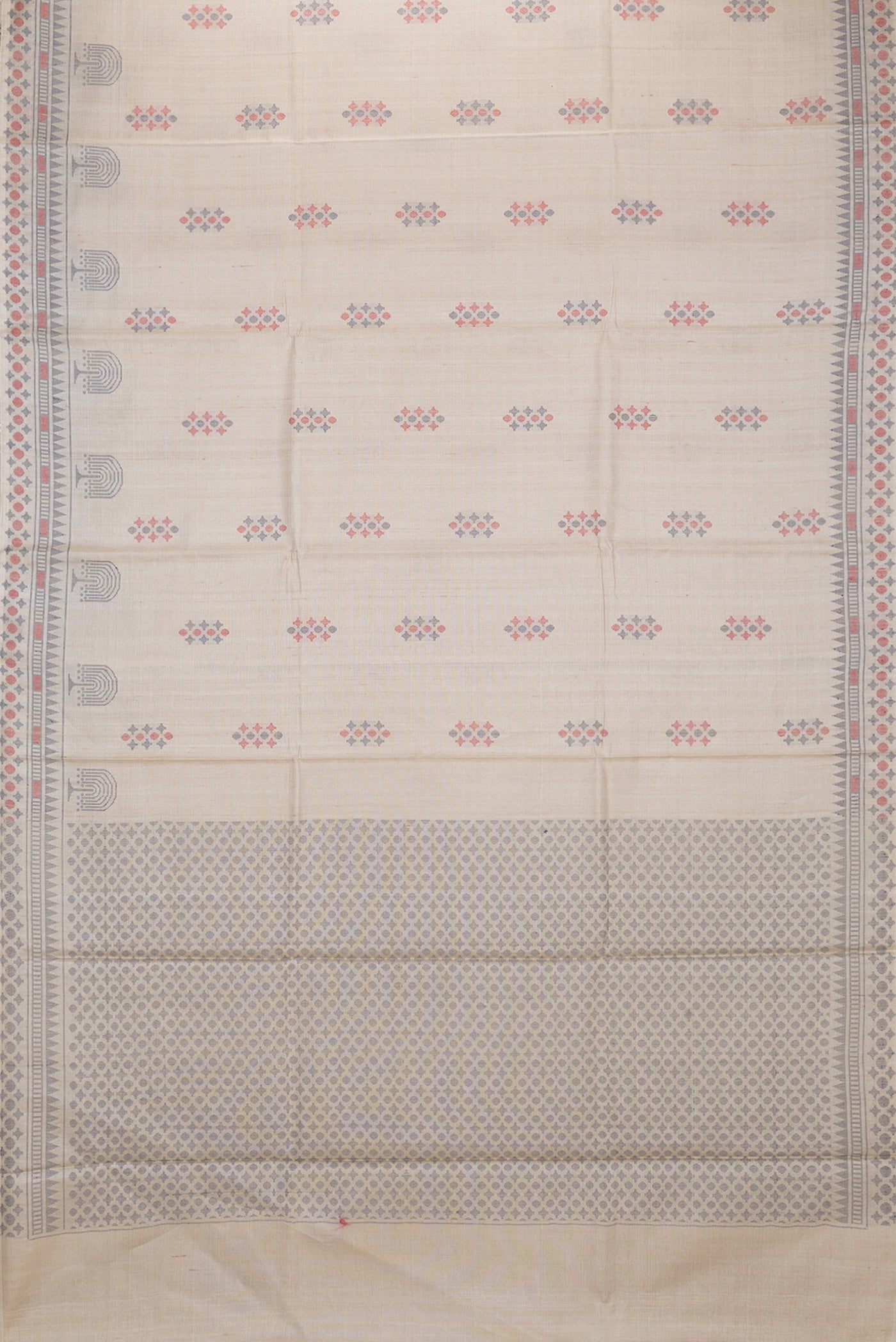 Flat view of Beige Dual Tone Tussar Silk Saree with Thread Butta on the body and Thread Border. 