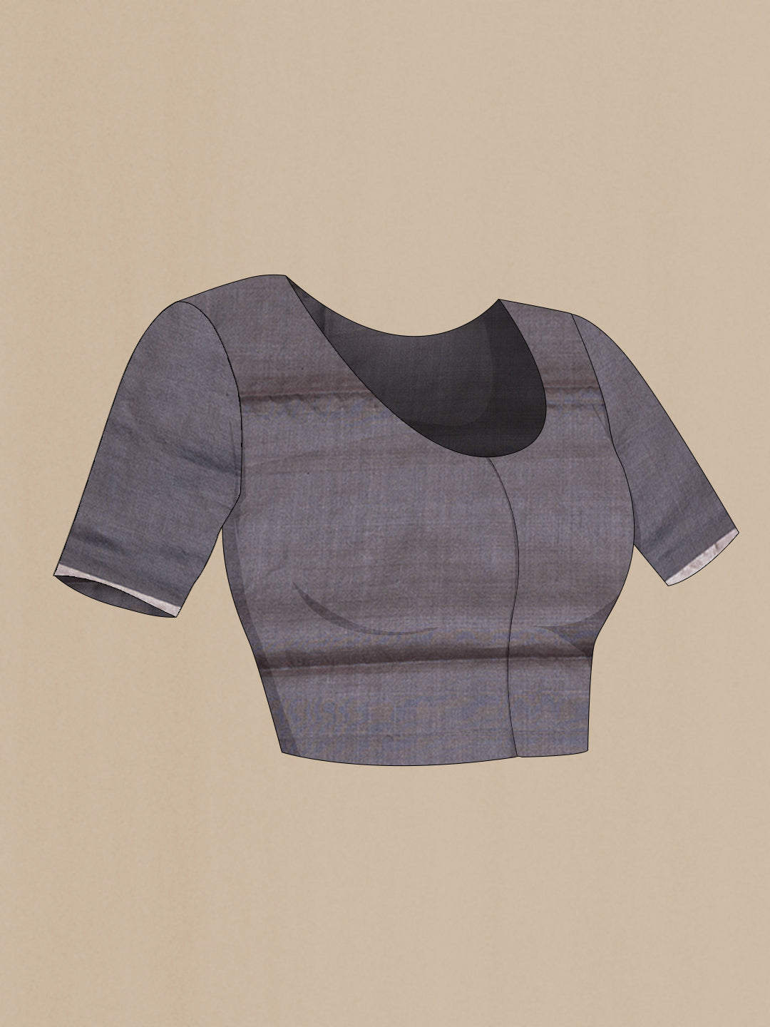 Close up image of the blouse of Grey Dual Tone Tussar Silk Saree with Zari Butta on the body and Zari Border. 