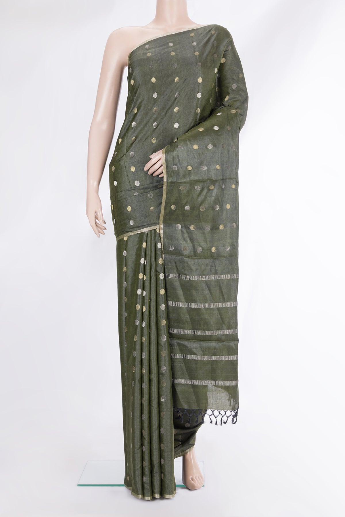 Mehandi Green Dual Tone Tussar Saree with Zari Butta on the body and Zari Border.  displayed on a mannequin