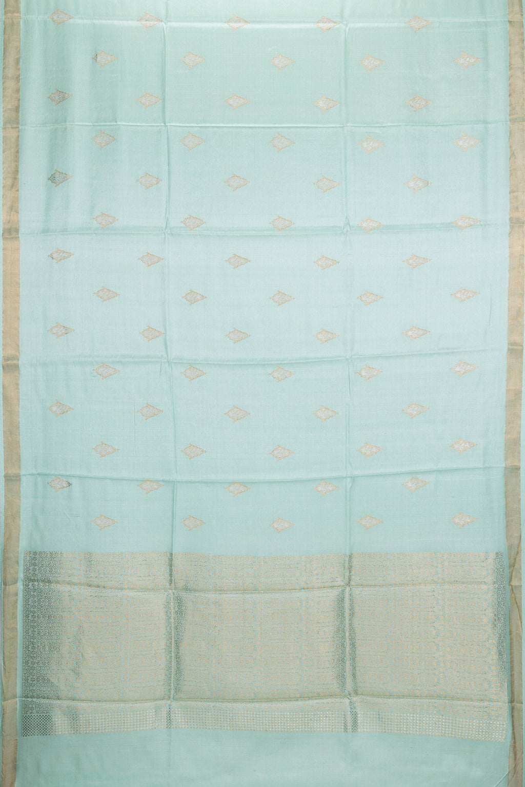 Flat view of Sea Green Dual Tone Tussar Silk Saree with Zari Butta on the body and Zari Border. 