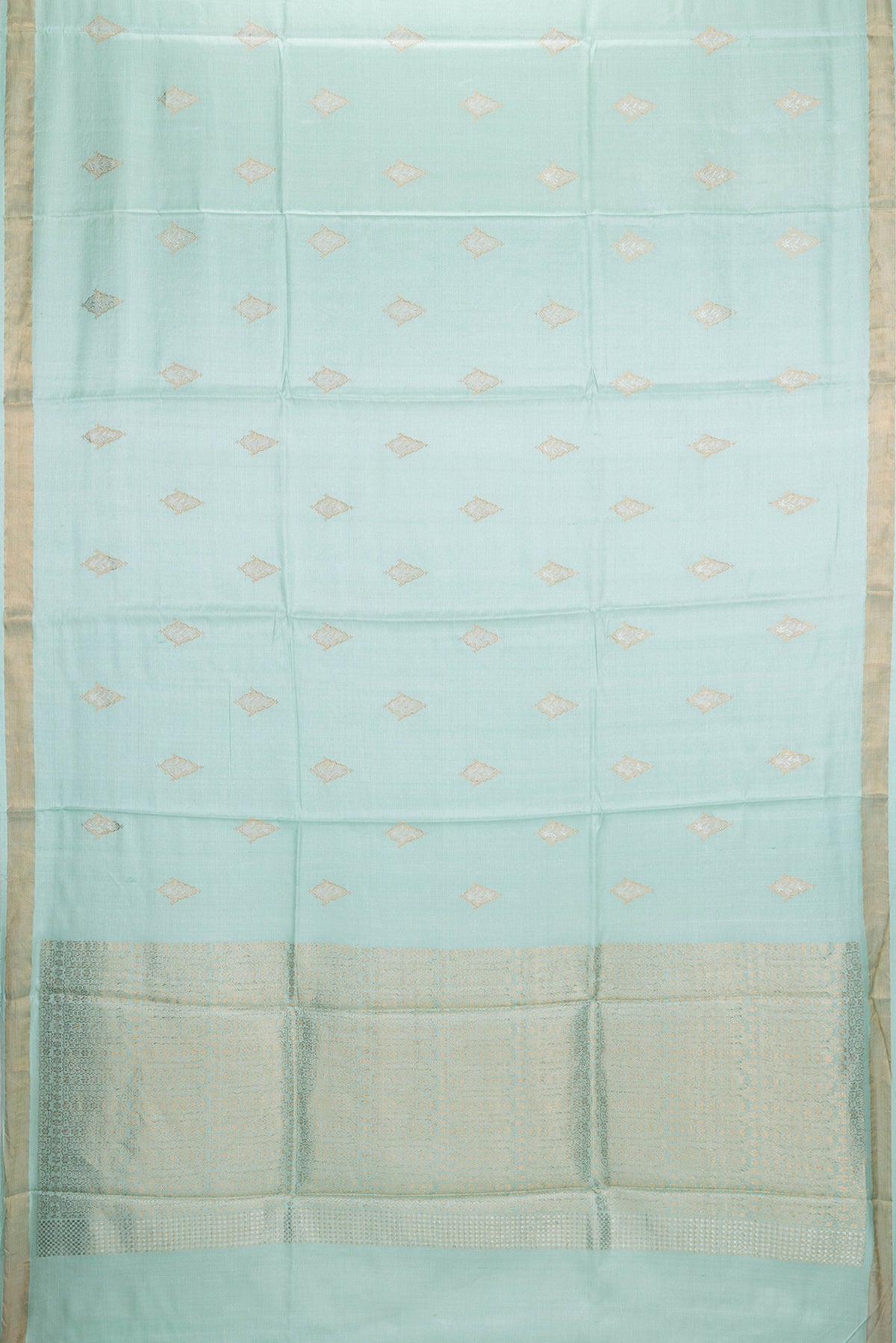 Flat view of Sea Green Dual Tone Tussar Silk Saree with Zari Butta on the body and Zari Border. 