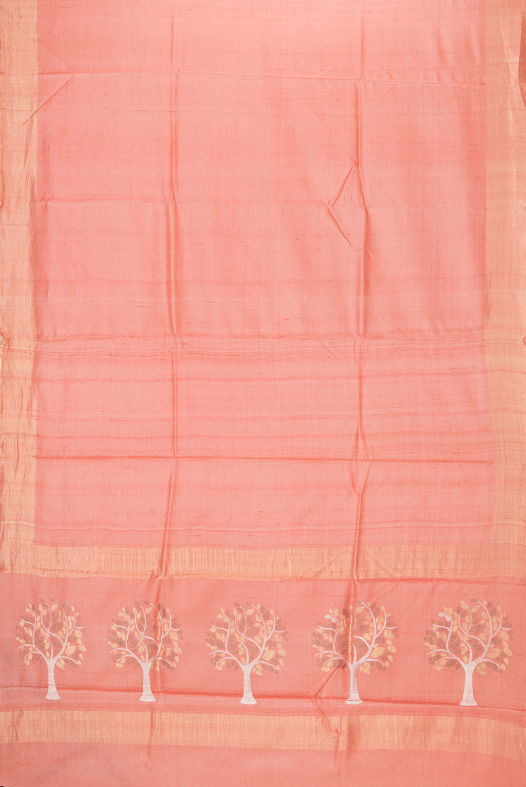 Flat view of Peach Tussar Silk Saree with Plain Body and Zari Border. 