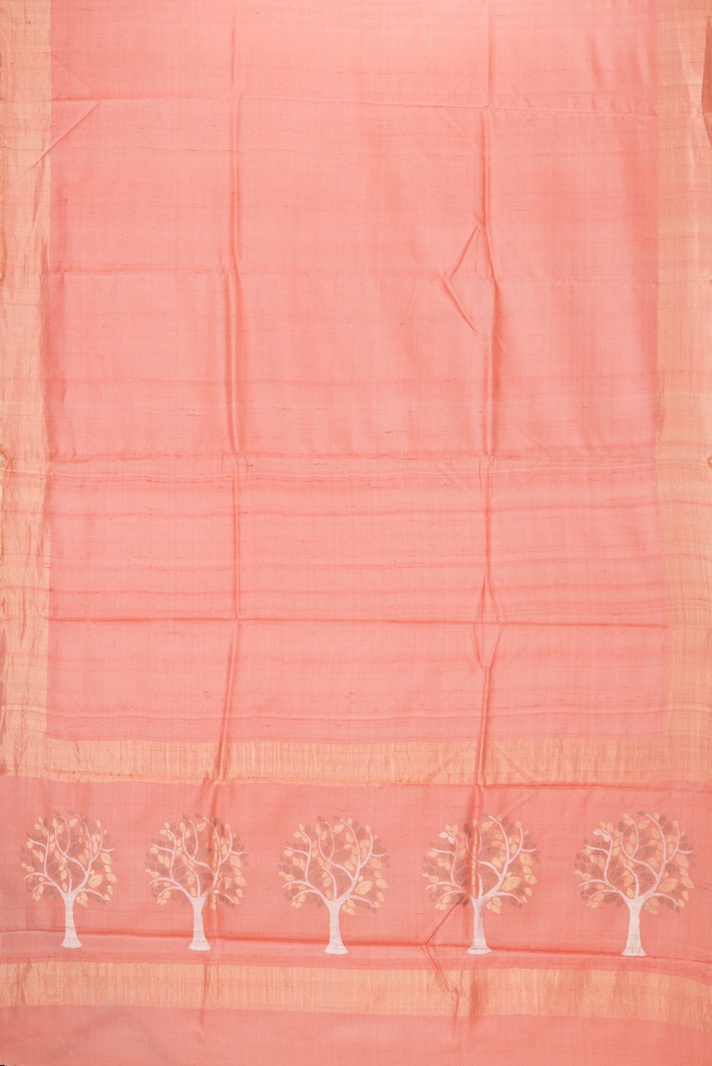 Flat view of Peach Tussar Silk Saree with Plain Body and Zari Border. 