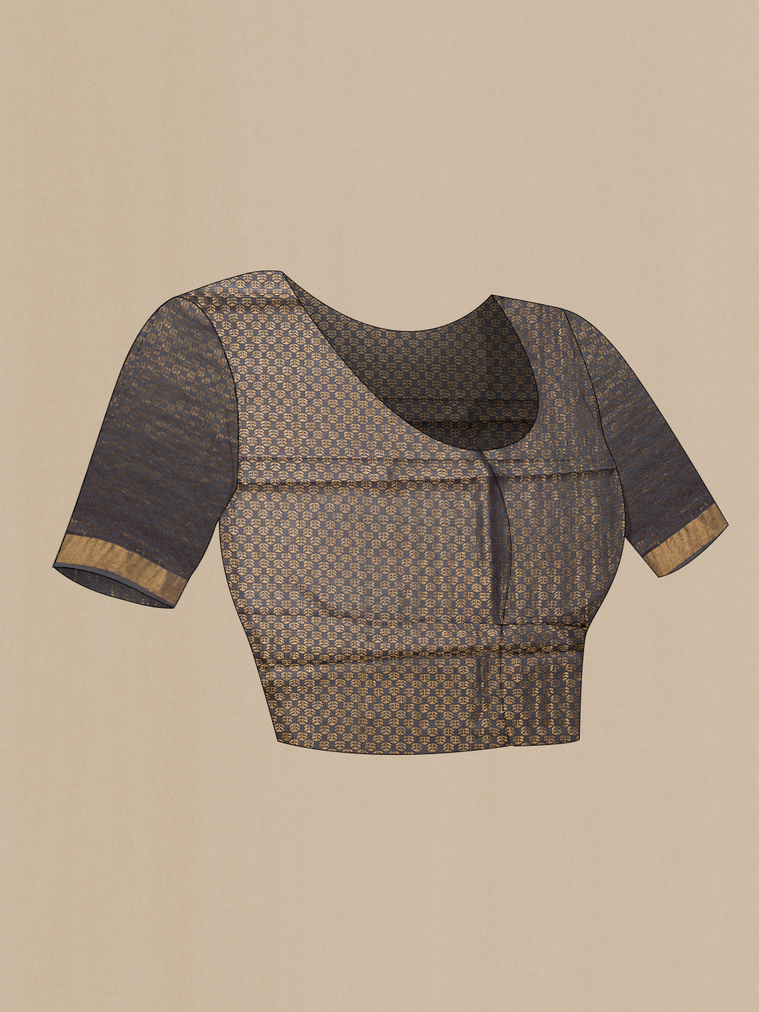 Close up image of the blouse of Grey Dual Tone Tussar Silk Saree with Plain Body and Fancy Border. 