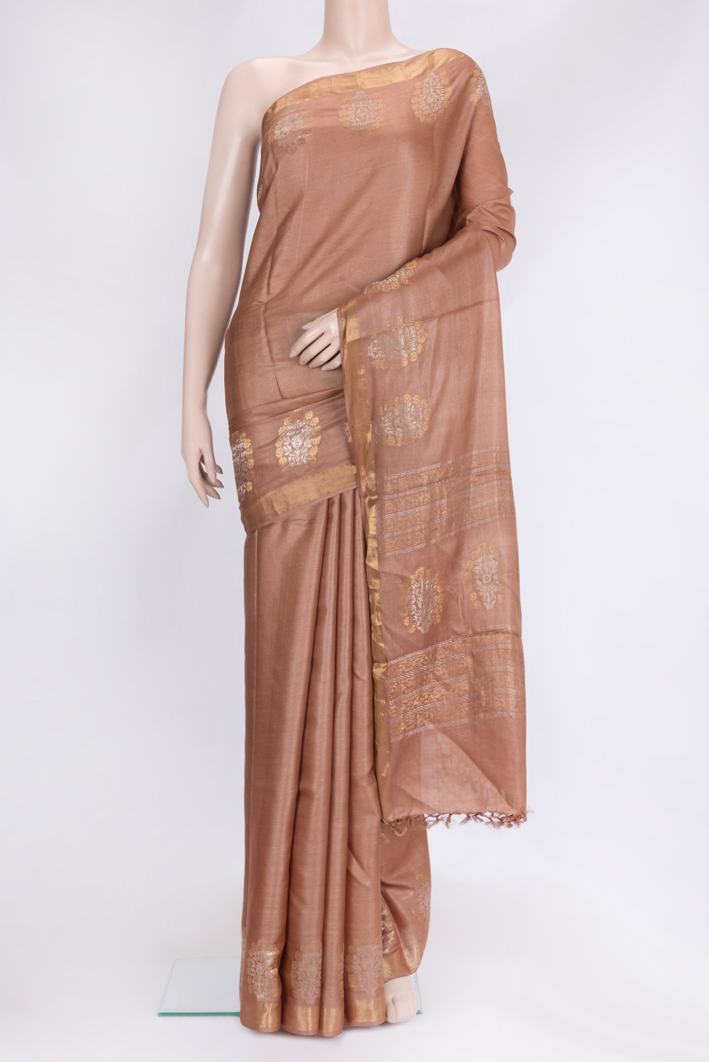 Brown Dual Tone Tussar Silk Saree with Plain Body and Fancy Border.  displayed on a mannequin