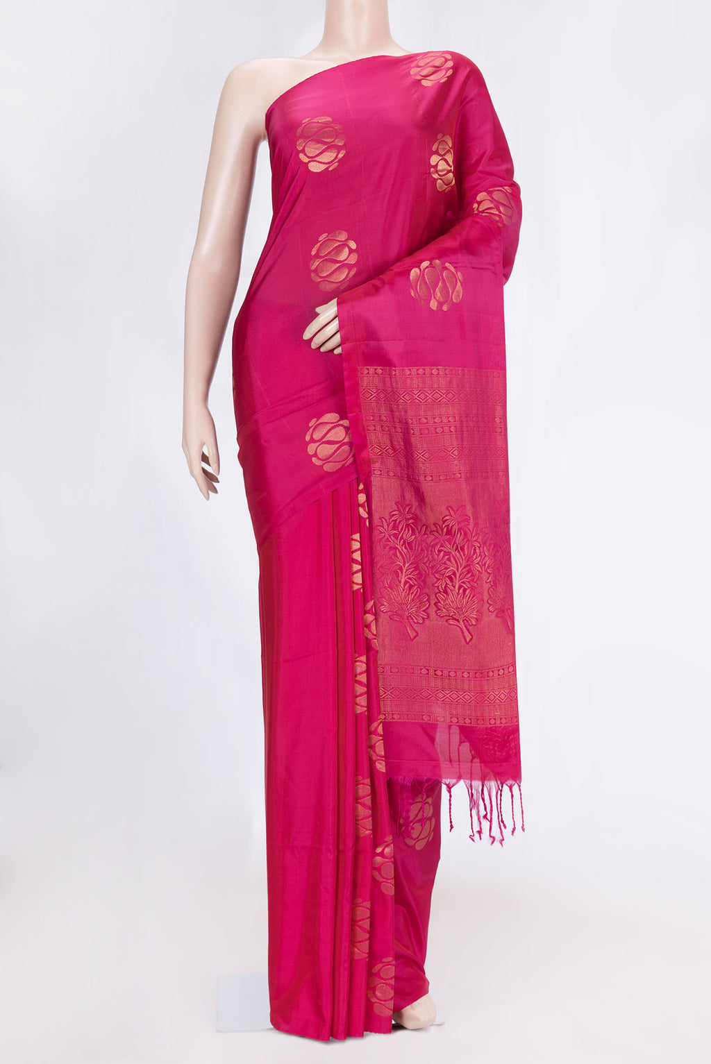 Pink Dual Tone Soft Silk Saree with Zari Butta on the body and Zari Border.  displayed on a mannequin