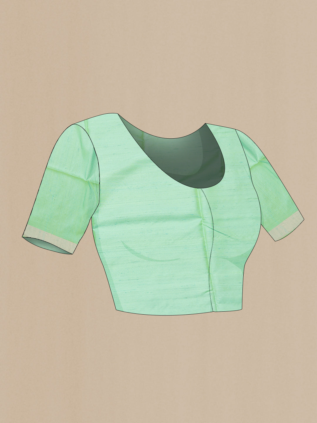 Close up image of the blouse of Pista Green Dual Tone Soft Silk Saree with Zari Butta on the body and Zari And Thread Border. 