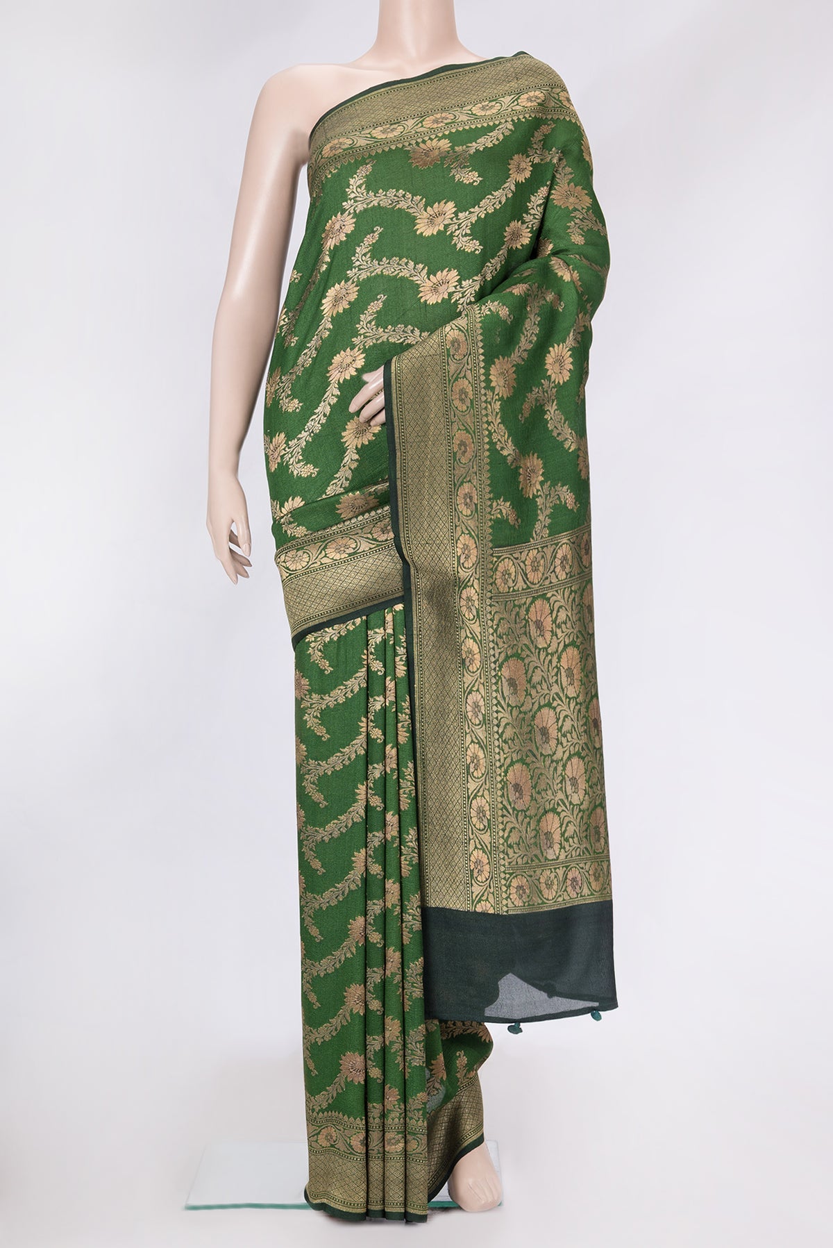 Bottle Green Dual Tone Tussar Silk Saree with Zari Brocade on the body and Zari Border.  displayed on a mannequin