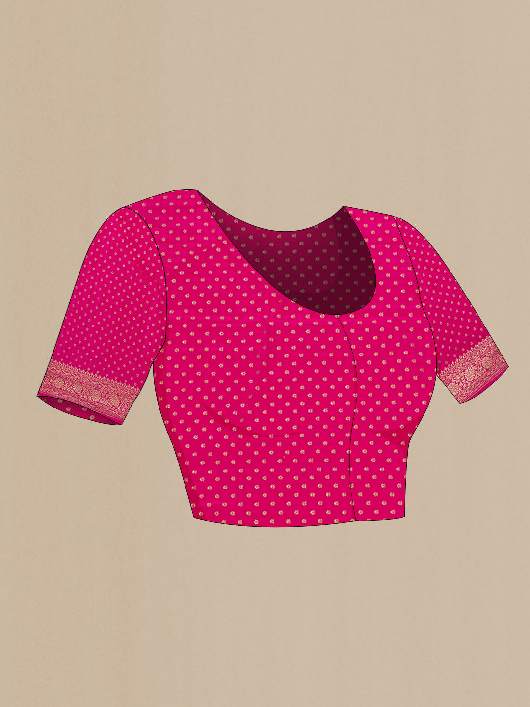 Close up image of the blouse of Magenta Banarasi Georgette Saree with Zari Brocade on the body and Zari Border. 