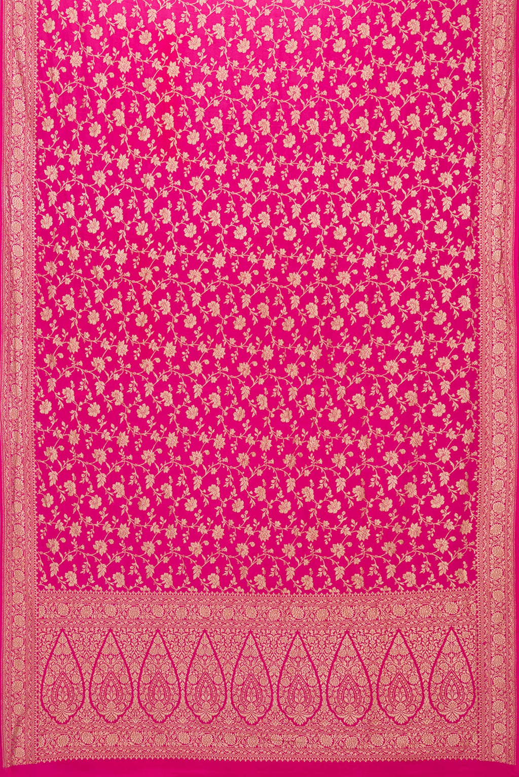 Flat view of Magenta Banarasi Georgette Saree with Zari Brocade on the body and Zari Border. 