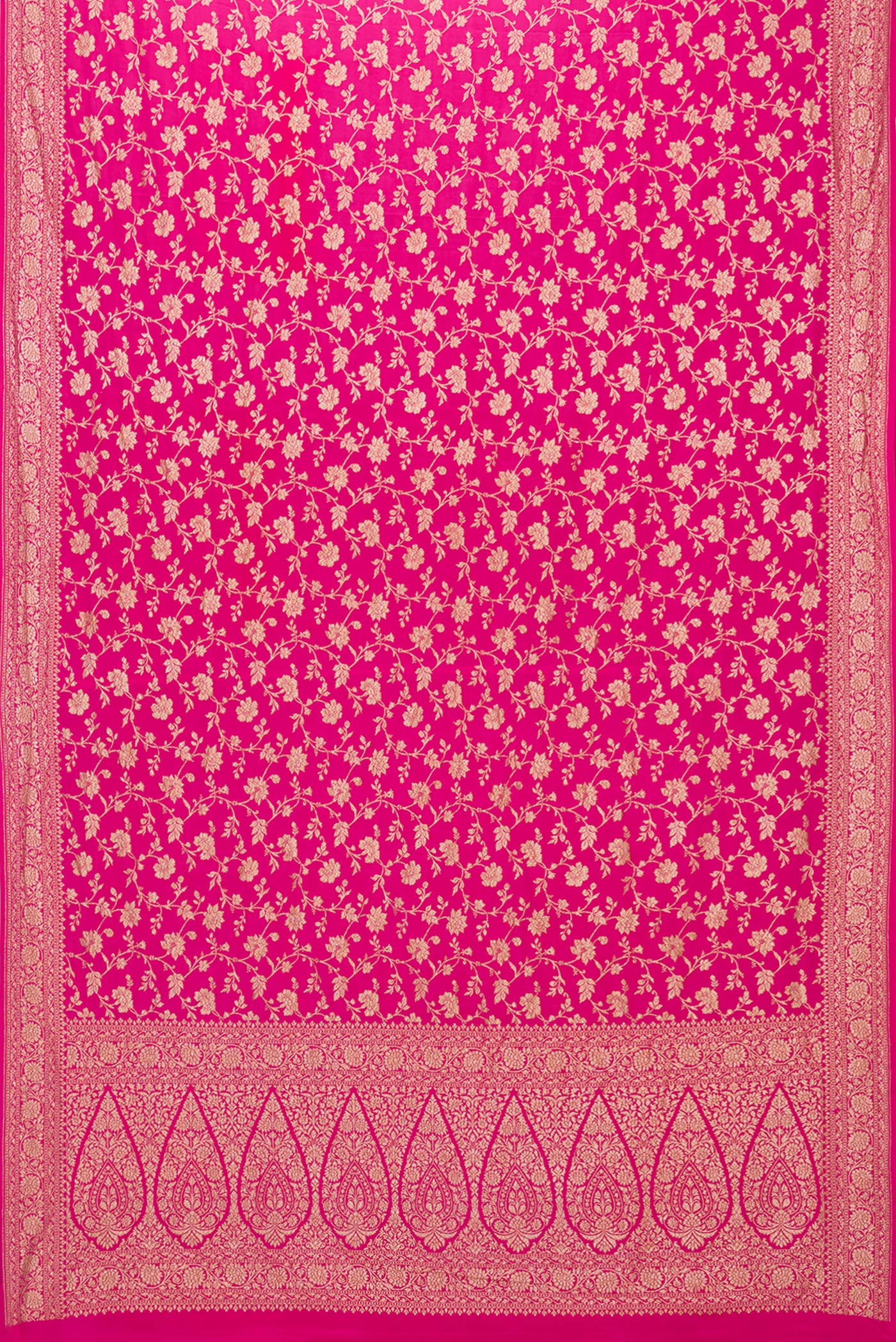 Flat view of Magenta Banarasi Georgette Saree with Zari Brocade on the body and Zari Border. 