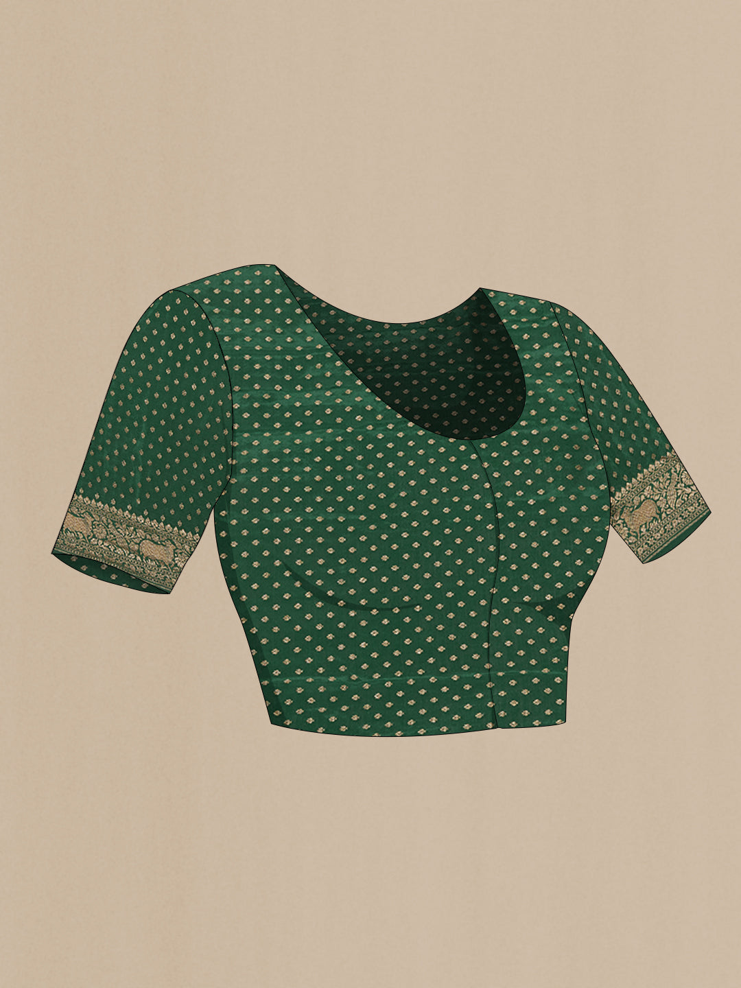 Close up image of the blouse of Bottle Green Banarasi Georgette Saree with Zari Brocade on the body and Zari Border. 
