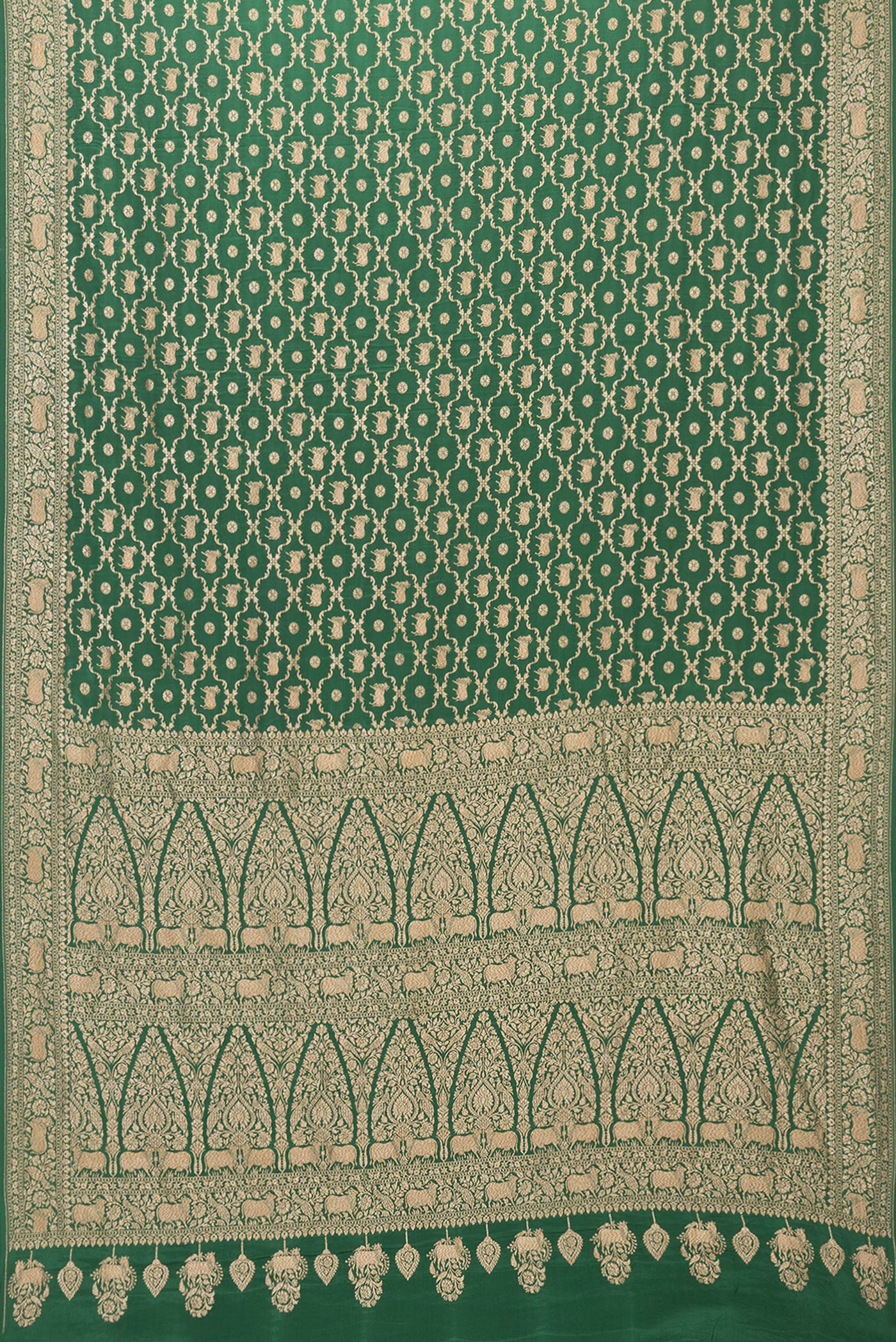 Flat view of Bottle Green Banarasi Georgette Saree with Zari Brocade on the body and Zari Border. 