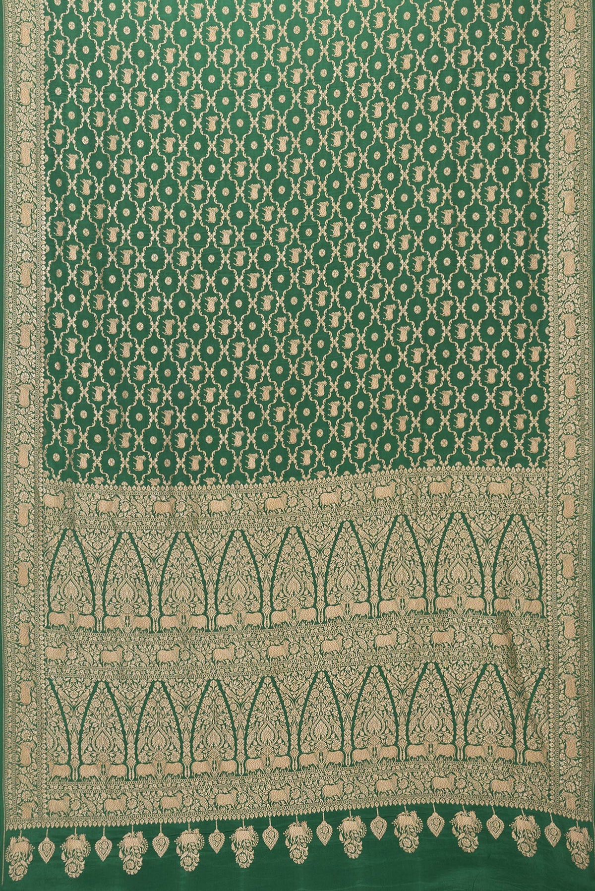 Flat view of Bottle Green Banarasi Georgette Saree with Zari Brocade on the body and Zari Border. 