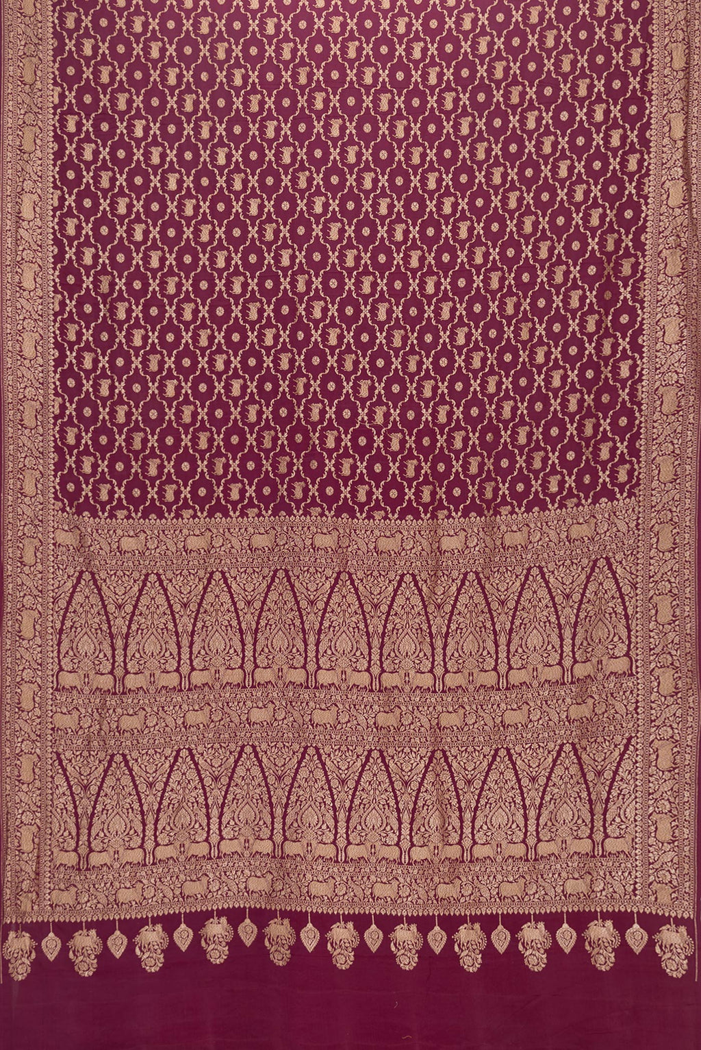 Flat view of Maroon Dual Tone Banarasi Georgette Saree with Zari Brocade on the body and Zari Border. 