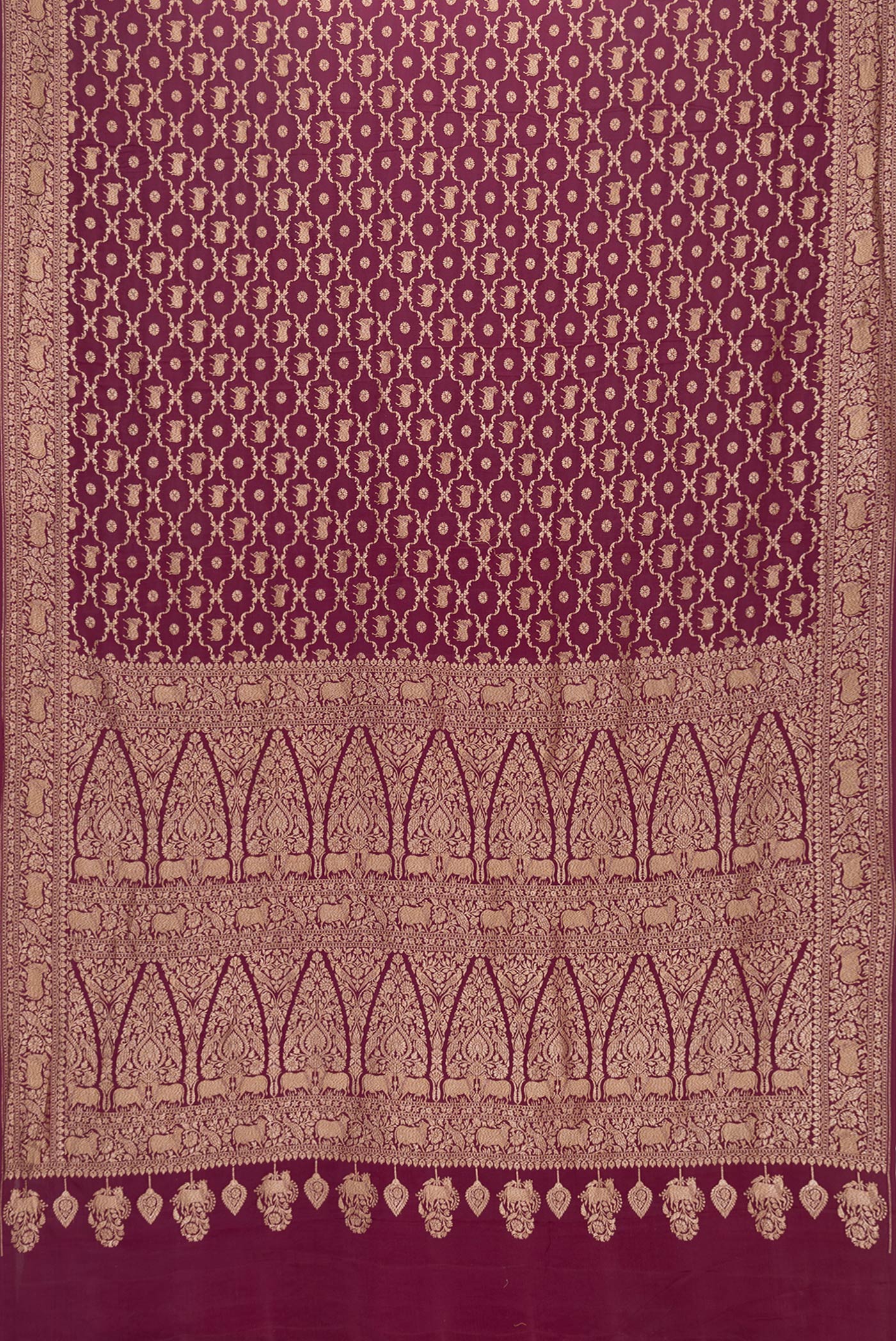 Flat view of Maroon Dual Tone Banarasi Georgette Saree with Zari Brocade on the body and Zari Border. 