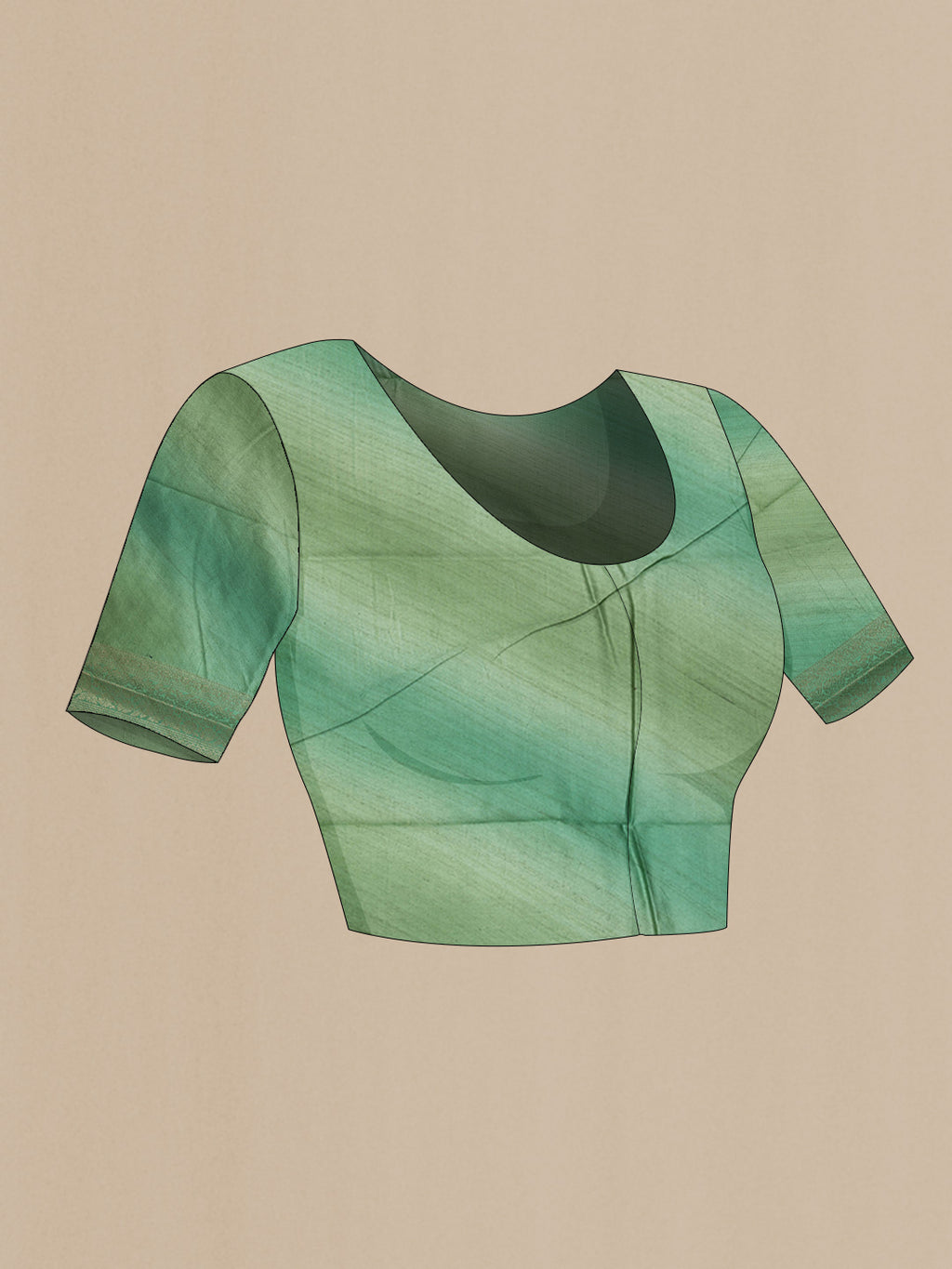 Close up image of the blouse of Sage Green Banarasi Raw Silk Saree with Zari Butta on the body and Zari Border