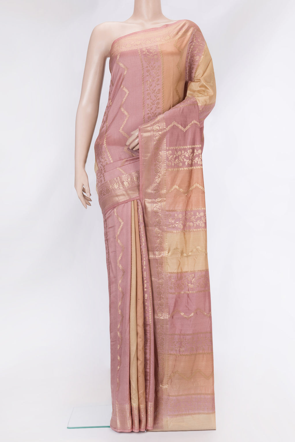 Rose Gold and Peach Color Banarasi Raw Silk Saree with Stripes on the body and Zari Border.  displayed on a mannequin
