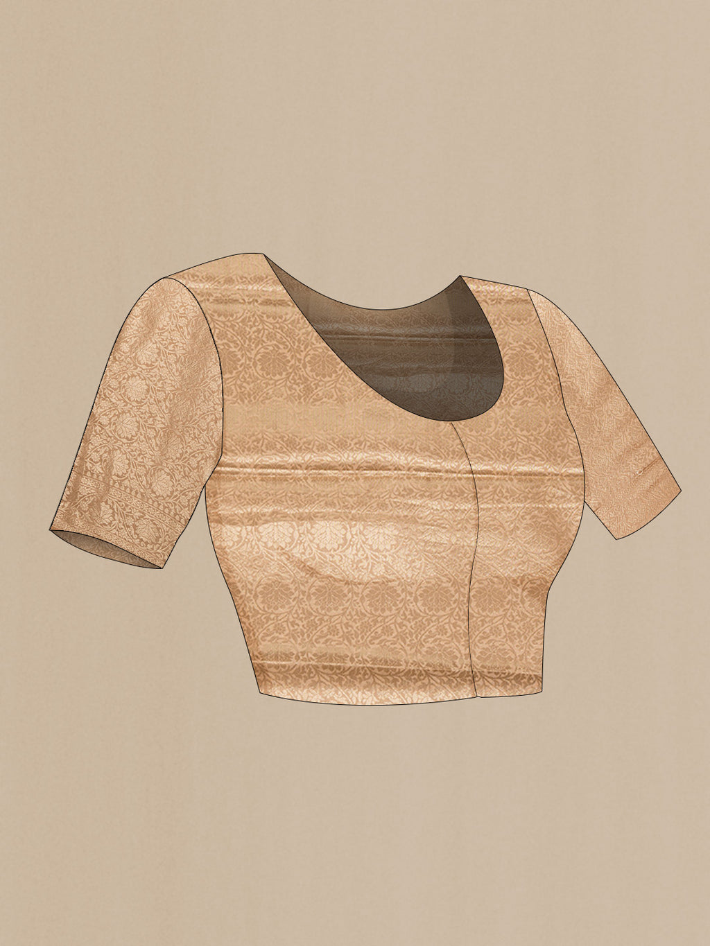 Close up image of the blouse of Lavender and Peach Color Banarasi Raw Silk Saree with Zig Zag design on the body and Zari Border