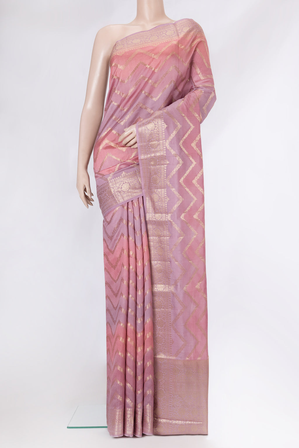 Purple Dual Tone Banarasi Raw Silk Saree with Zari Brocade on the body and Zari Border.  displayed on a mannequin