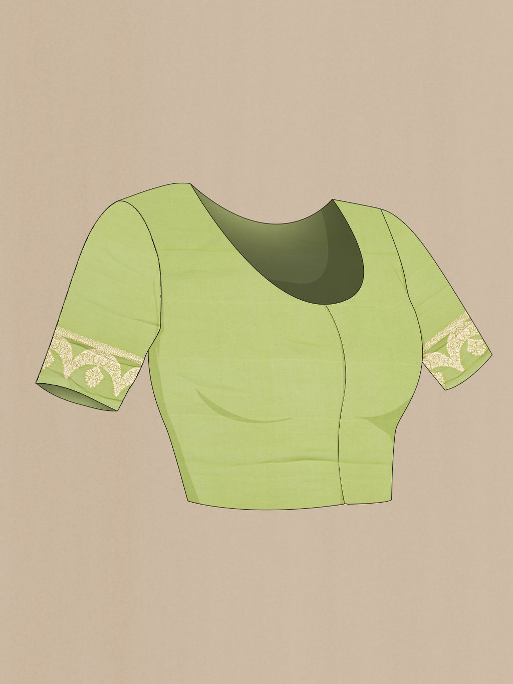 Close up image of the blouse of Light Green Banarasi Georgette Saree with Zari Brocade on the body and Zari Border. 